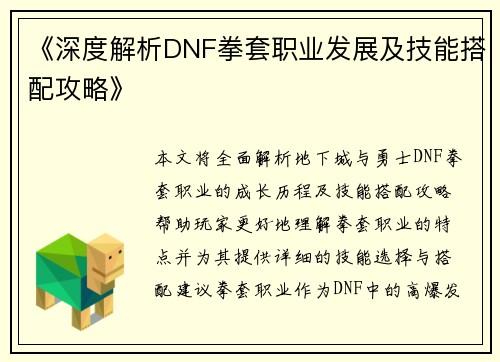 《深度解析DNF拳套职业发展及技能搭配攻略》